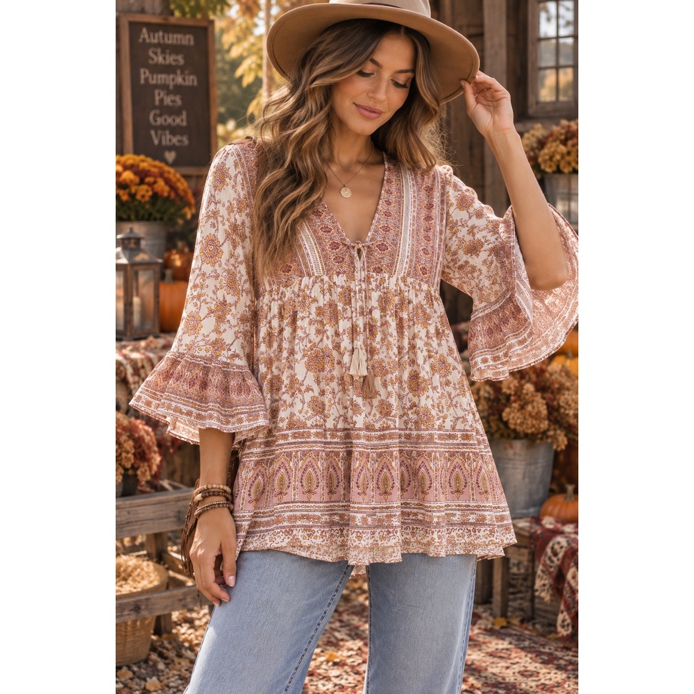 NWT Free People Floral Paisley Tunic‎ Boho Bell Sleeve Empire Waist Small
